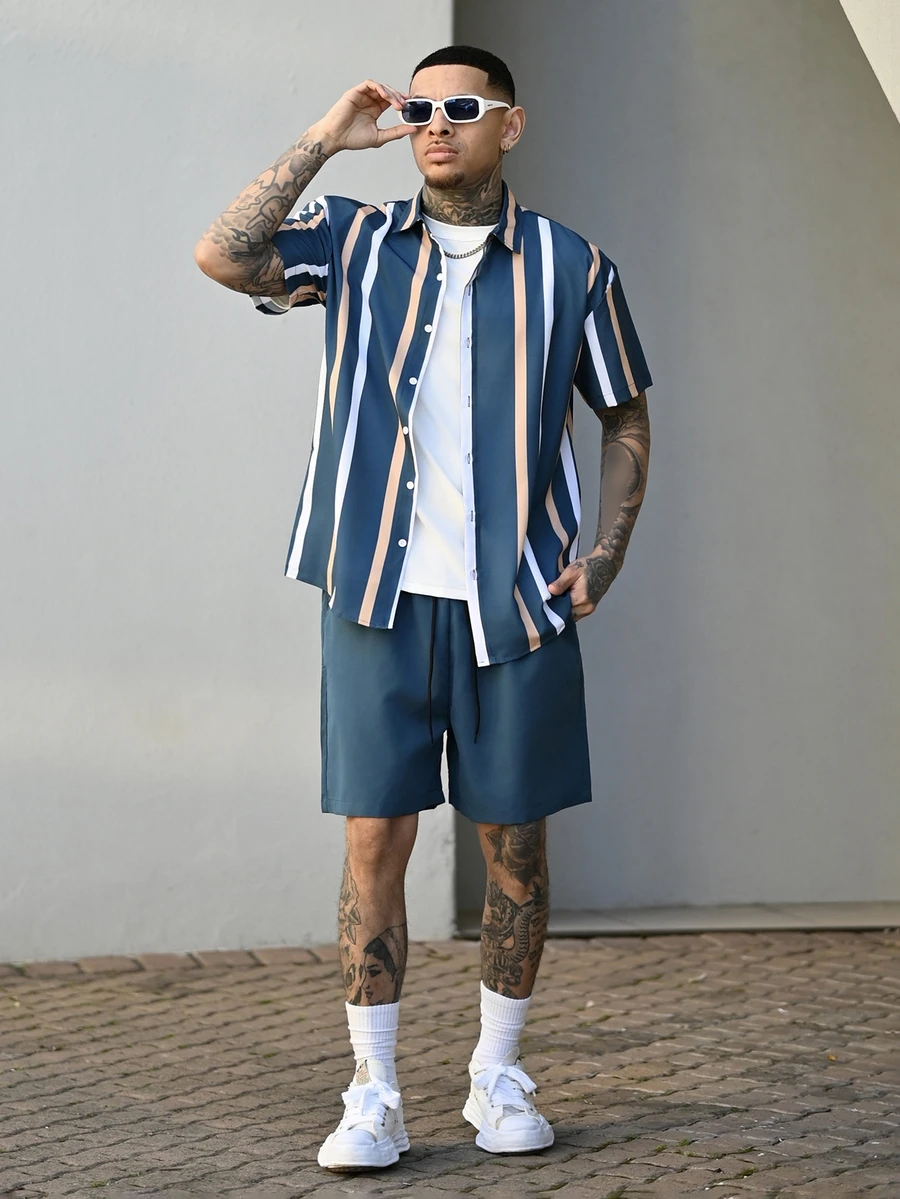 Devon Thys Two-piece Outfits Pria Kolor Kantong Tombol Depan Striped Casual - Dark Green - View 1