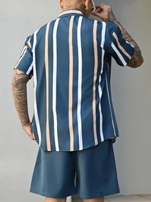 Devon Thys Two-piece Outfits Pria Kolor Kantong Tombol Depan Striped Casual - Dark Green - View 4