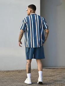Devon Thys Two-piece Outfits Pria Kolor Kantong Tombol Depan Striped Casual - Dark Green - View 2