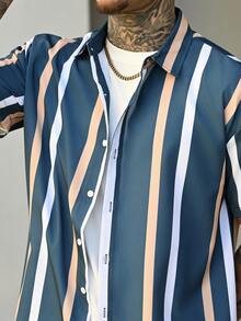 Devon Thys Two-piece Outfits Pria Kolor Kantong Tombol Depan Striped Casual - Dark Green - View 5