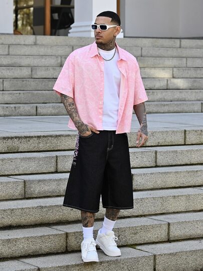 Devon Thys Boxy Cropped Casual Vintage Pink Rose Patterned Floral English Print Short Shirt