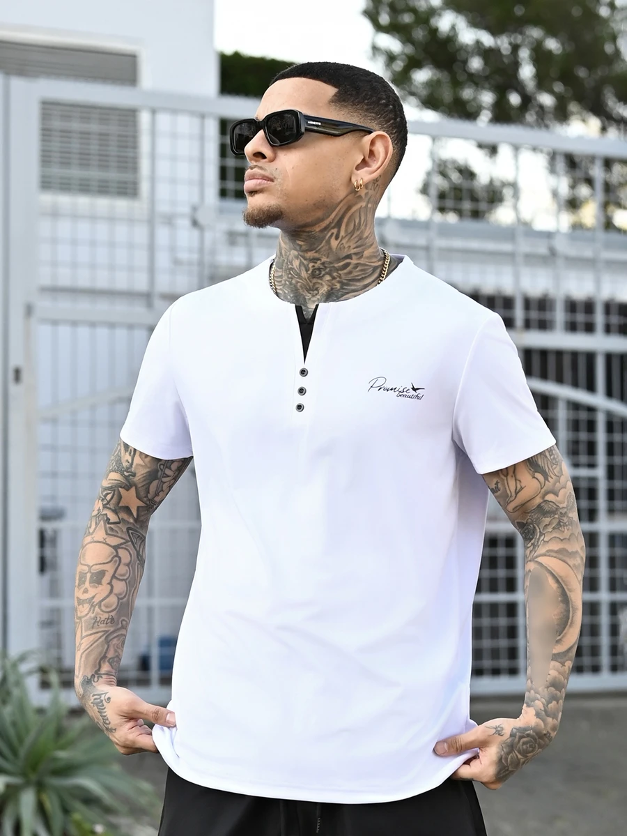 Devon Thys Men T-Shirts Fit Short Sleeve Henley Casual Dad Summer Polyester Tee - White - View 1