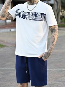Devon Thys Men Tropical Print Tee & Drawstring Waist Shorts Summer Outfit, Cozy Outfits, Couple Things - Blue and White - View 6