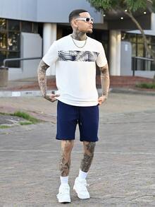 Devon Thys Men Tropical Print Tee & Drawstring Waist Shorts Summer Outfit, Cozy Outfits, Couple Things - Blue and White - View 2