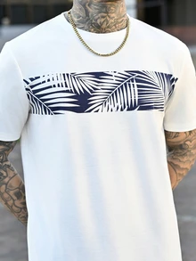 Devon Thys Men Tropical Print Tee & Drawstring Waist Shorts Summer Outfit, Cozy Outfits, Couple Things - Blue and White - View 7