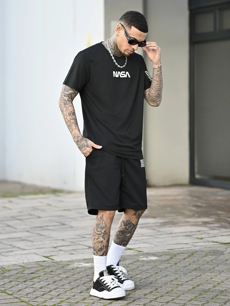 Devon Thys Men's Letter Printed Short Sleeve 2pcs/Set - Black - View 1