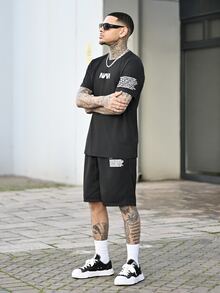 Devon Thys Men's Letter Printed Short Sleeve 2pcs/Set - Black - View 5