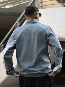 Devon Thys Men's Long Sleeve Casual Zip-Up Contrast Color Drawstring Mock Neck Jacket, Spring Autumn Outdoor Windbreaker, For Fall - Grey - View 2