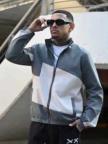 Devon Thys Men's Long Sleeve Casual Zip-Up Contrast Color Drawstring Mock Neck Jacket, Spring Autumn Outdoor Windbreaker, For Fall - Grey - View 5