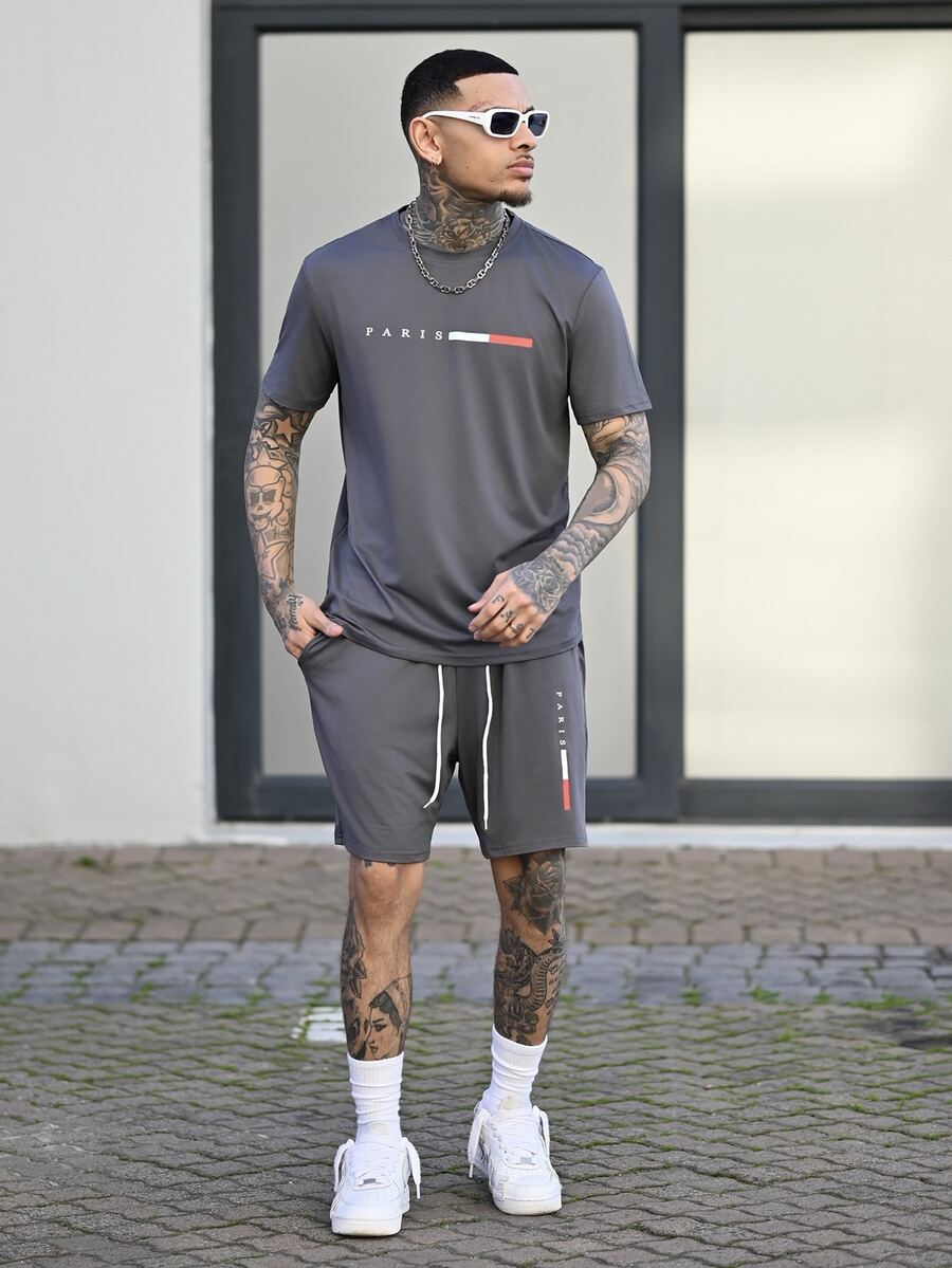 Devon Thys Men's Summer Casual Letter Print T-Shirt And Shorts Set Casual Two Pieces Set Men - Grey - View 1