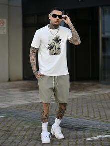 Devon Thys Men Tropical Print Tee & Drawstring Waist Shorts, Vacation, Cozy Outfits, Father's Day Gifts - Green - View 2