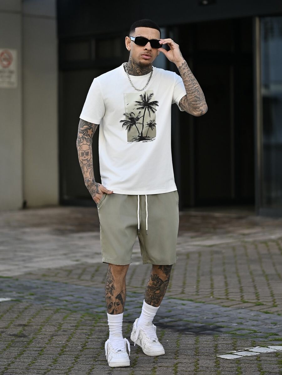 Devon Thys Men Tropical Print Tee & Drawstring Waist Shorts, Vacation, Cozy Outfits, Father's Day Gifts