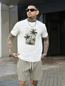 Devon Thys Men Tropical Print Tee & Drawstring Waist Shorts, Vacation, Cozy Outfits, Father's Day Gifts - Green - View 6