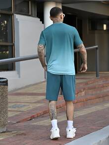 Devon Thys Men's Palm Tree Print Round Neck Short Sleeve Casual T-Shirt And Drawstring Waist Shorts Set Men Vacation Clothes, Cozy Outfits, Holiday - Multicolor - View 2