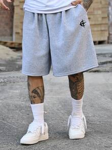Devon Thys Men's Graphic Embroidery Elastic Waist Loose Shorts With Slant Pockets Wide Leg - Light Grey - View 5