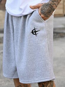 Devon Thys Men's Graphic Embroidery Elastic Waist Loose Shorts With Slant Pockets Wide Leg - Light Grey - View 6