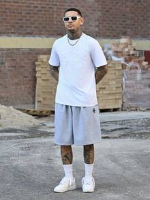 Devon Thys Men's Graphic Embroidery Elastic Waist Loose Shorts With Slant Pockets Wide Leg - Light Grey - View 1