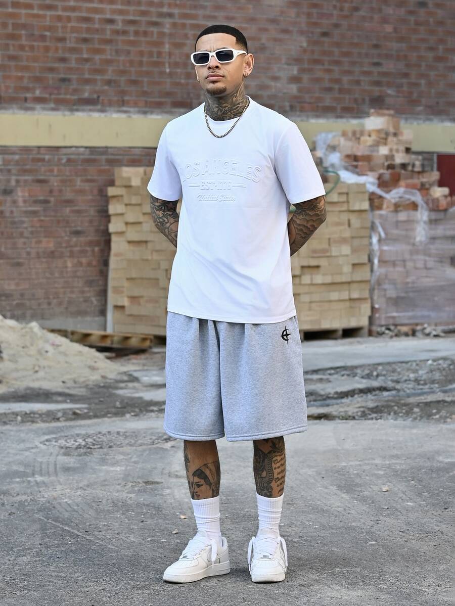Devon Thys Men's Graphic Embroidery Elastic Waist Loose Shorts With Slant Pockets Wide Leg - Light Grey - View 1
