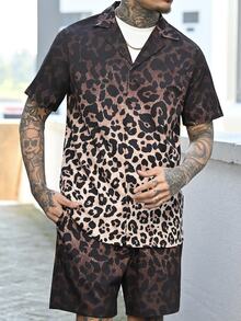 Devon Thys 2pcs Set Men's Ombre Leopard Print Casual Oversize Full Print Short Sleeve Shirt & Matching Shorts - Multicolor - View 5