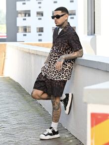 Devon Thys 2pcs Set Men's Ombre Leopard Print Casual Oversize Full Print Short Sleeve Shirt & Matching Shorts - Multicolor - View 1