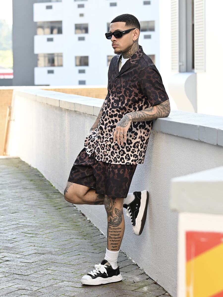 Devon Thys 2pcs Set Men's Ombre Leopard Print Casual Oversize Full Print Short Sleeve Shirt & Matching Shorts - Multicolor - View 1