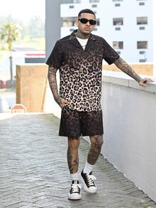 Devon Thys 2pcs Set Men's Ombre Leopard Print Casual Oversize Full Print Short Sleeve Shirt & Matching Shorts - Multicolor - View 3