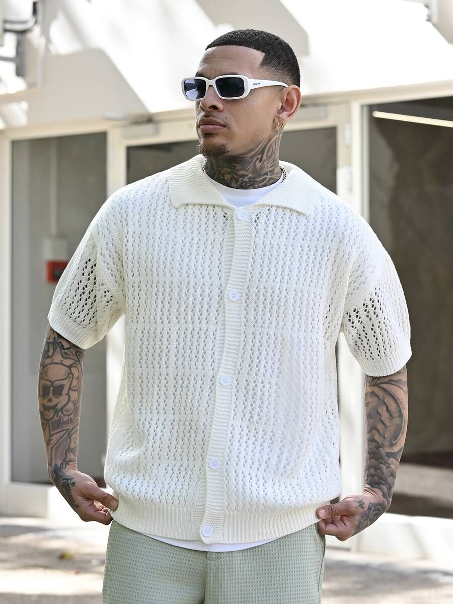 Devon Thys Old Money Men Casual Two-Tone Striped Pattern Button Open Knit Sweater Knitted Button Downs For Men's Old Money, Rave - White - View 1