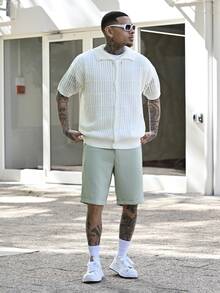 Devon Thys Old Money Men Casual Two-Tone Striped Pattern Button Open Knit Sweater Knitted Button Downs For Men's Old Money, Rave - White - View 3