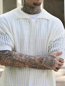 Devon Thys Old Money Men Casual Two-Tone Striped Pattern Button Open Knit Sweater Knitted Button Downs For Men's Old Money, Rave - White - View 5