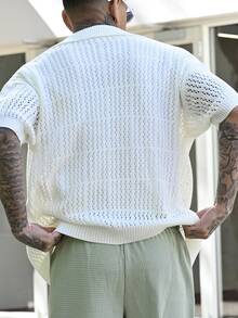 Devon Thys Old Money Men Casual Two-Tone Striped Pattern Button Open Knit Sweater Knitted Button Downs For Men's Old Money, Rave - White - View 6