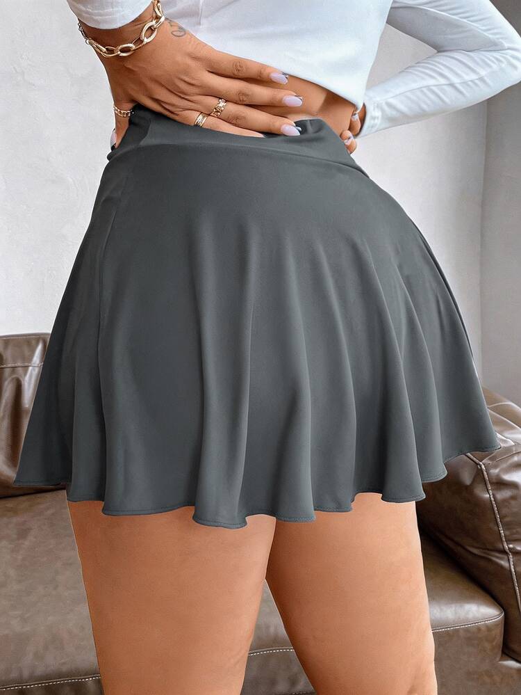 Maweii Plus Size Women Solid Color Asymmetric Waist Casual Versatile Skirt - Dark Grey - View 2