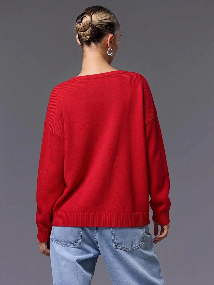 SHEIN Scarlet Red Deep V-Neck Relaxed Fit Lightweight Fine Knit Sweater With Soft Drape And Clean Minimal Finish - Red - View 2