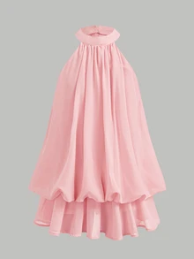 Firerie Kids Firerie Kids Tween Girl Solid Color Ruched Fashion Halter Tie Mini Dress - Pink - View 2