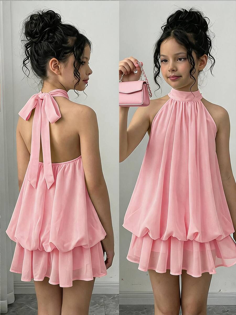 Firerie Kids Firerie Kids Tween Girl Solid Color Ruched Fashion Halter Tie Mini Dress - Pink - View 1
