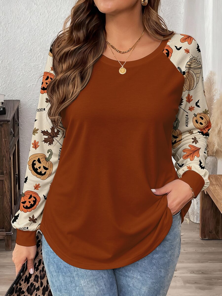 Comfylo Plus Size Women's Casual Raglan Sleeve Round Neck Loose Fit T-Shirt, Suitable For Spring And Autumn - Multicolor - View 1