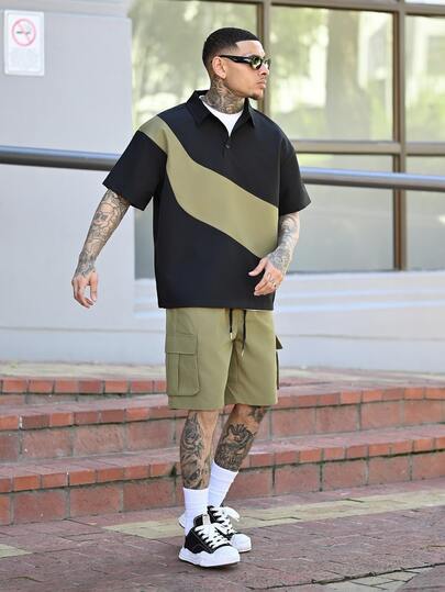 Devon Thys 男士拼色衬衫和纯色工装短裤套装，男士街头服饰套装，男士两件套，舒适装扮