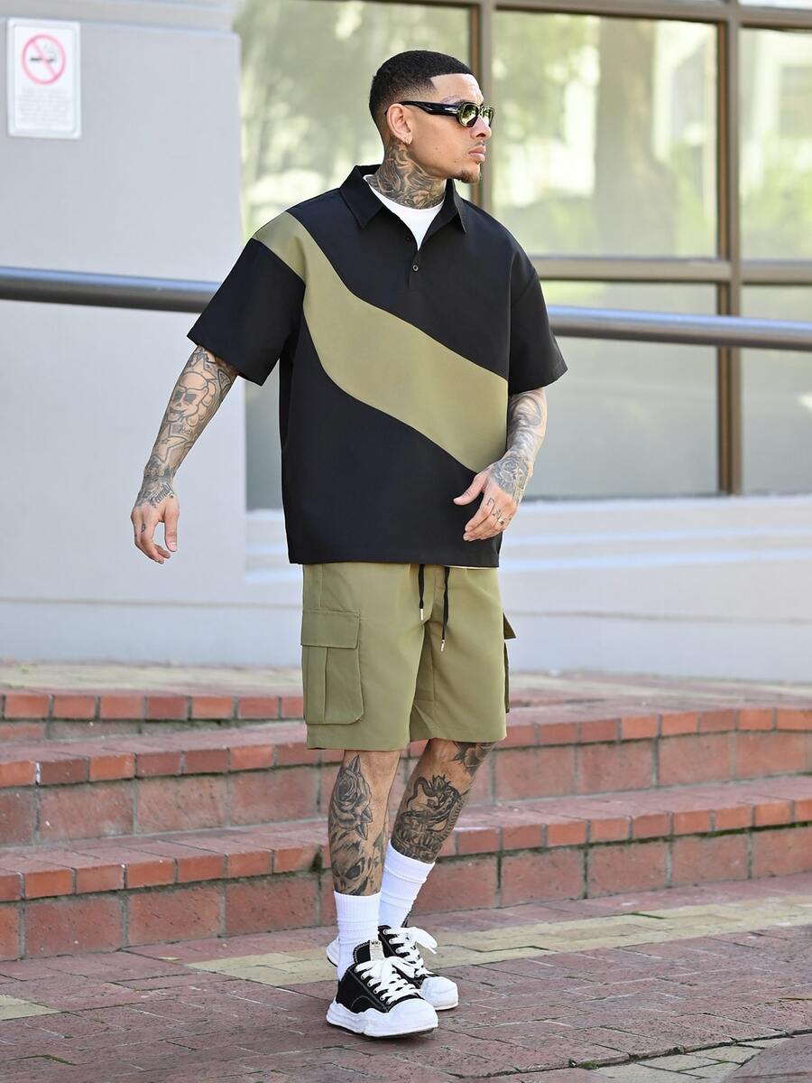 Devon Thys 男士拼色衬衫和纯色工装短裤套装,男士街头服饰套装,男士两件套,舒适装扮 - 彩色 - 查看 1