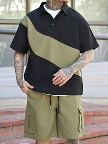 Devon Thys 男士拼色衬衫和纯色工装短裤套装，男士街头服饰套装，男士两件套，舒适装扮 - 彩色 - 查看 4