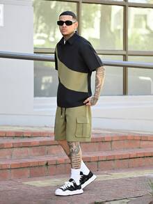 Devon Thys 男士拼色衬衫和纯色工装短裤套装，男士街头服饰套装，男士两件套，舒适装扮 - 彩色 - 查看 3
