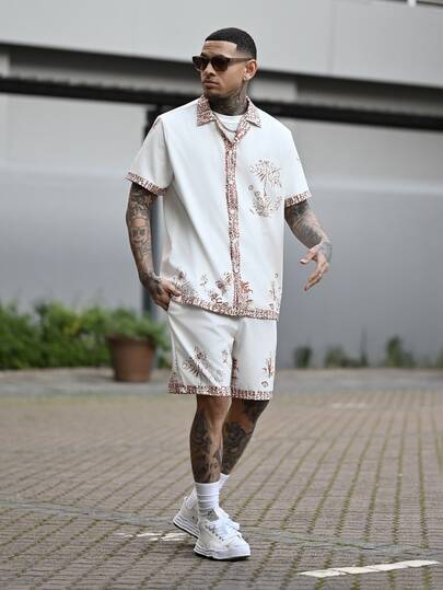 Devon Thys Men's Summer Vacation Tropical Print Short Sleeve Shirt And Shorts Set Summer Two Pieces Set For Men, Holiday