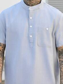 Devon Thys 男士纯色休闲短袖衬衫，夏季度假 - 藍色 - 查看 3