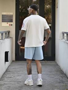 Devon Thys Men's Letter Print Round Neck Short Sleeve T-Shirt And Drawstring Shorts Set,White,Summmer,Streetwear,City Break Vacation 2 Piece Summer Outfits - Multicolor - View 4