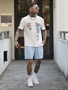 Devon Thys Men's Letter Print Round Neck Short Sleeve T-Shirt And Drawstring Shorts Set,White,Summmer,Streetwear,City Break Vacation 2 Piece Summer Outfits - Multicolor - View 1