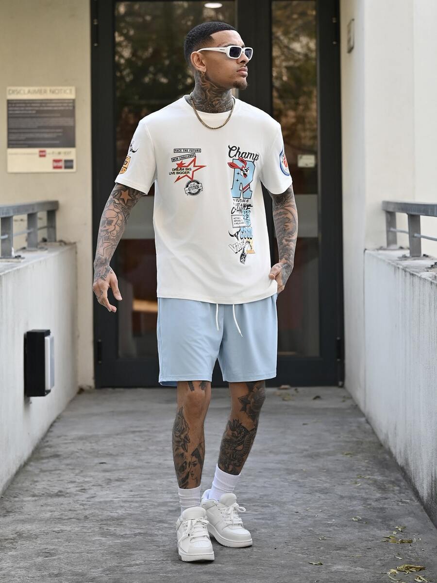 Devon Thys Men's Letter Print Round Neck Short Sleeve T-Shirt And Drawstring Shorts Set,White,Summmer,Streetwear,City Break Vacation 2 Piece Summer Outfits - Multicolor - View 1
