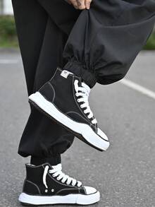 Devon Thys Men Solid Color Drawstring Jogger Pants With Pockets, Plain Long Vacation Oversize Black Pants, For Husband, Boyfriend Gifts, For Fall - Black - View 6