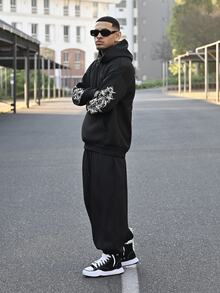 Devon Thys Men Solid Color Drawstring Jogger Pants With Pockets, Plain Long Vacation Oversize Black Pants, For Husband, Boyfriend Gifts, For Fall - Black - View 3