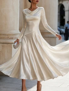 SHEIN Autumn Elegant Cowl Neck Knit Dress Satin Pearl Luster Long Dress Party Wedding Guest Women Dress Outing Women Clothing Champagne Color Dress - Champagne - View 6