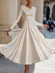 SHEIN Autumn Elegant Cowl Neck Knit Dress Satin Pearl Luster Long Dress Party Wedding Guest Women Dress Outing Women Clothing Champagne Color Dress - Champagne - View 7