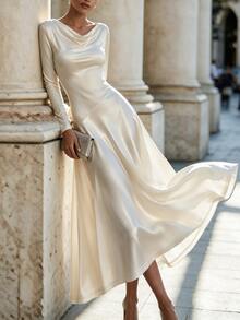 SHEIN Autumn Elegant Cowl Neck Knit Dress Satin Pearl Luster Long Dress Party Wedding Guest Women Dress Outing Women Clothing Champagne Color Dress - Champagne - View 8