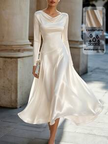 SHEIN Autumn Elegant Cowl Neck Knit Dress Satin Pearl Luster Long Dress Party Wedding Guest Women Dress Outing Women Clothing Champagne Color Dress - Champagne - View 2